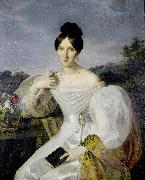 A lady in a white dress and shawl before a Viennese landscape